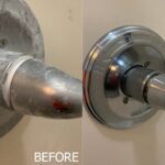 Before and after deep cleaning of a chrome shower fixture by Taylor Cleaning LLC in Indianapolis