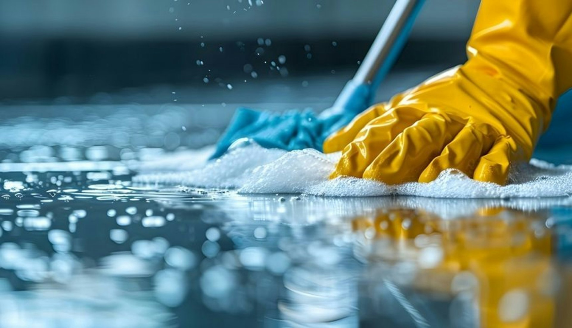 Cleaner in rubber gloves scrubbing a wet floor during a professional cleaning